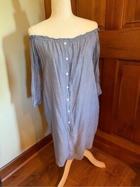Off-the-Shoulder Blue & White Stripe Button-Front Dress
